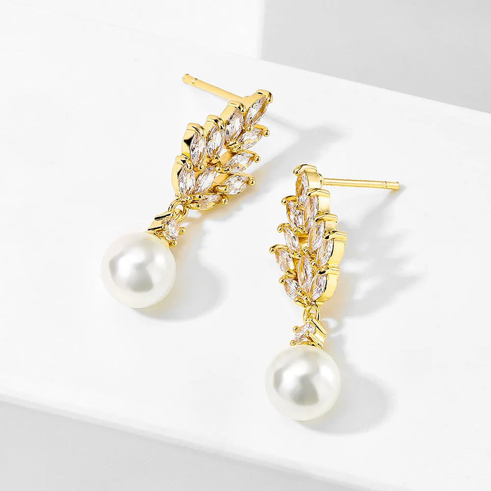 Micro inlaid zircon pearl earrings with geometric floral design in multiple plating colours