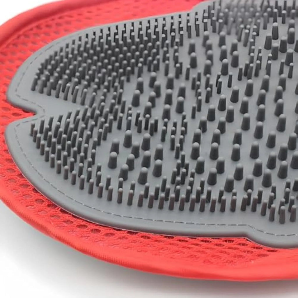 Red pet bathing glove combining brush and glove design for dog and cat grooming