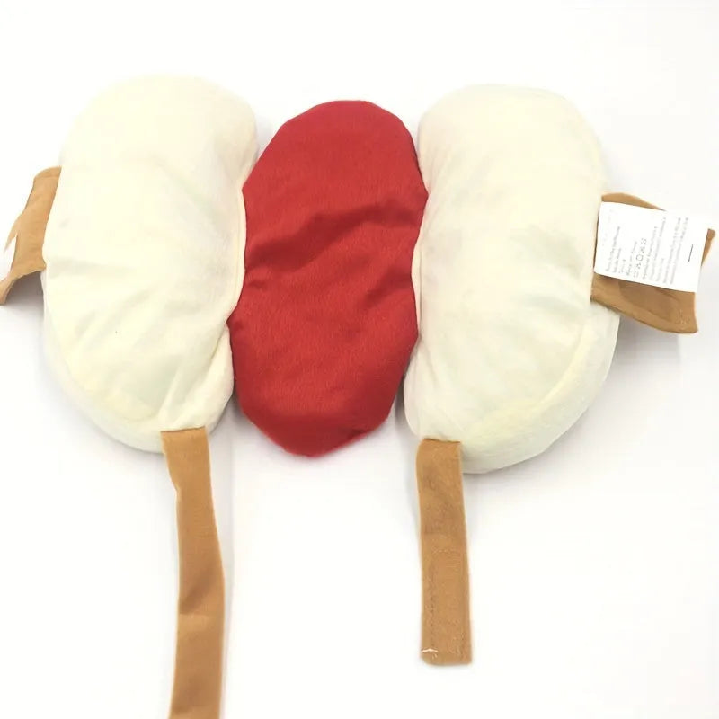 Small dog wearing funny hot dog costume with fleece lining for winter indoor events