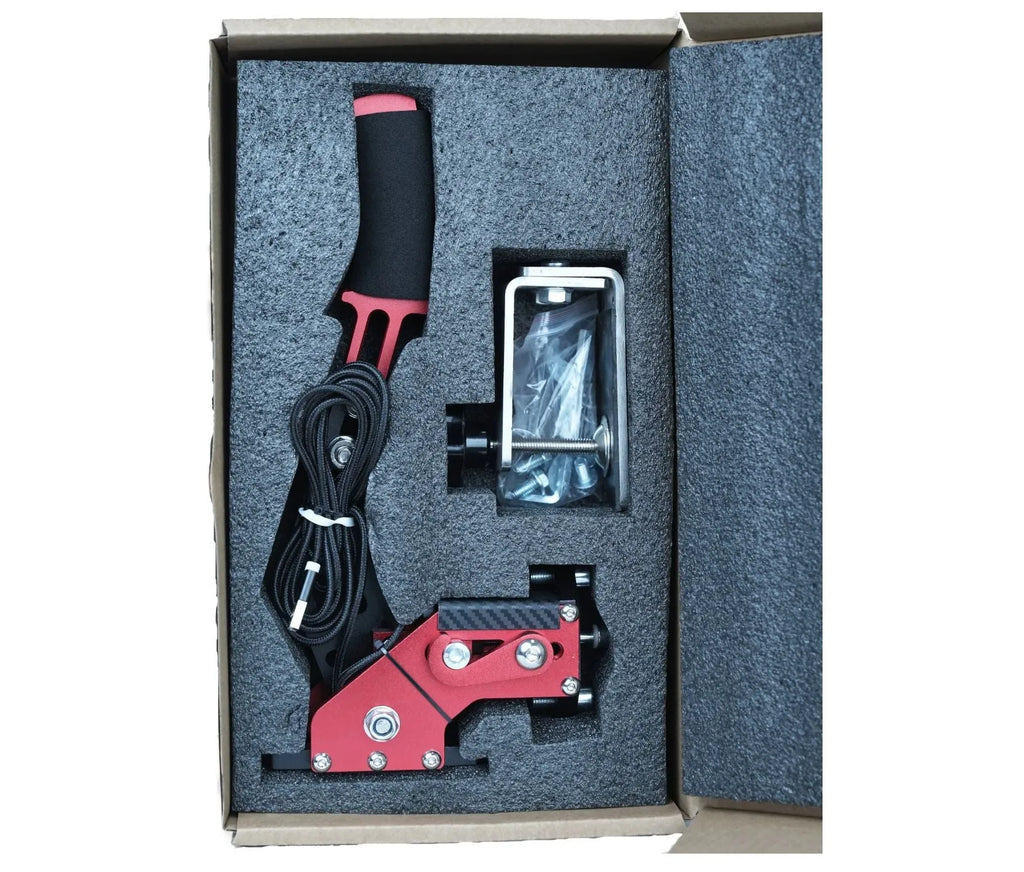 USB sequential handbrake controller for sim racing in black, blue, purple, red, or yellow with mounting clamp.