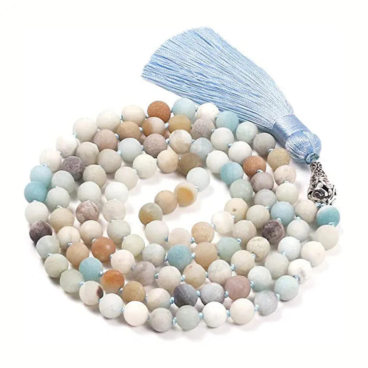 Long unisex agate and amethyst tassel necklace with blue stone pattern, measuring 95-100cm.