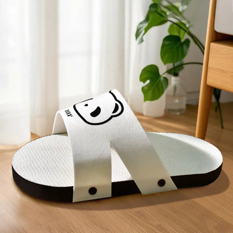 White corrugated paper cat scratch board with slipper style design for feline claw care