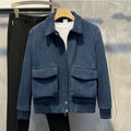 Corduroy coat for men, loose fit, drawstring sleeves, green colour, front view with relaxed silhouette
