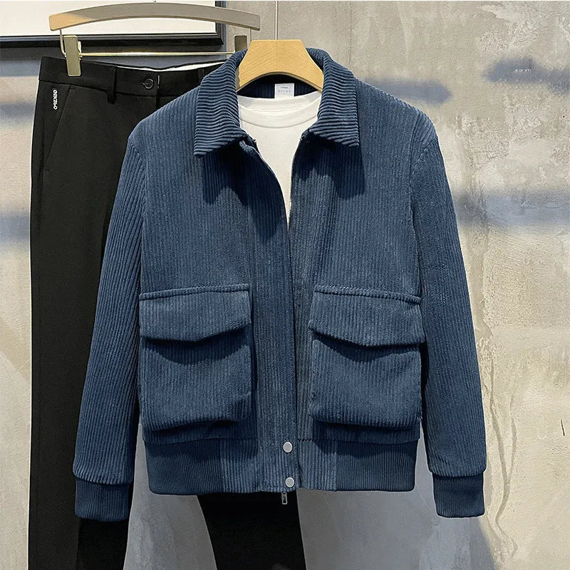 Corduroy coat for men, loose fit, drawstring sleeves, green colour, front view with relaxed silhouette