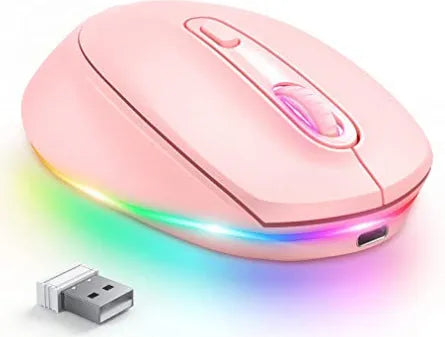 Compact 24g wireless ergonomic mouse with USB charging cable on a desk next to a laptop.