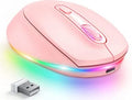 Compact 24g wireless ergonomic mouse with USB charging cable on a desk next to a laptop.