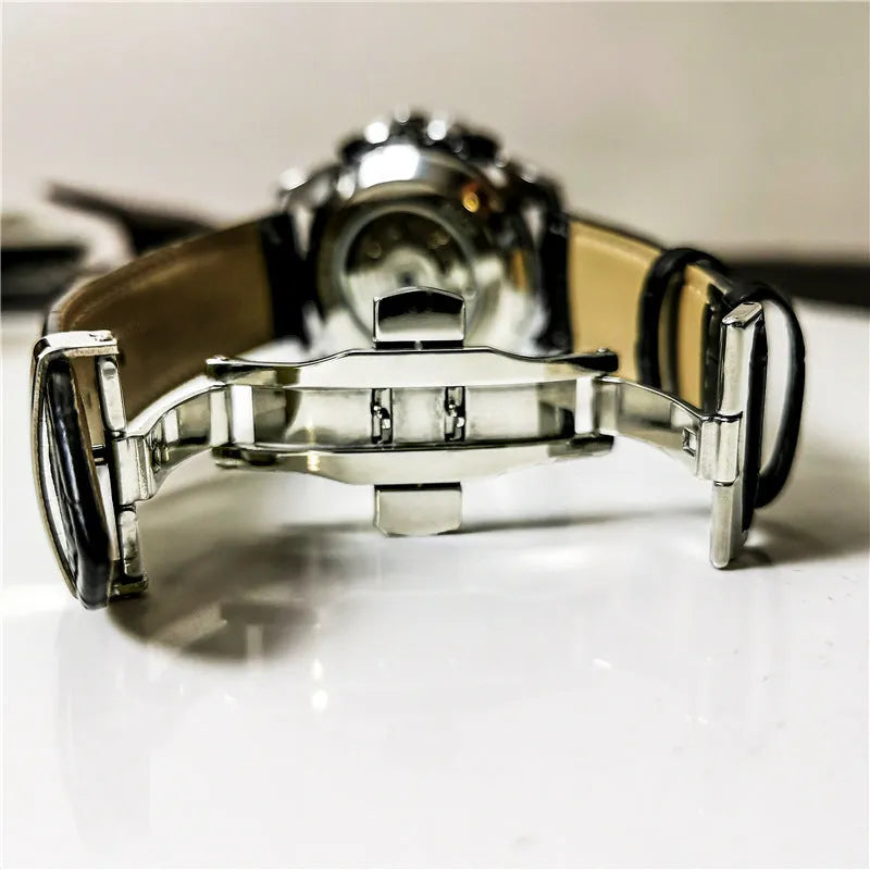 Men's automatic mechanical watch with 12mm case in various colour combinations including silver, black, and black with gold