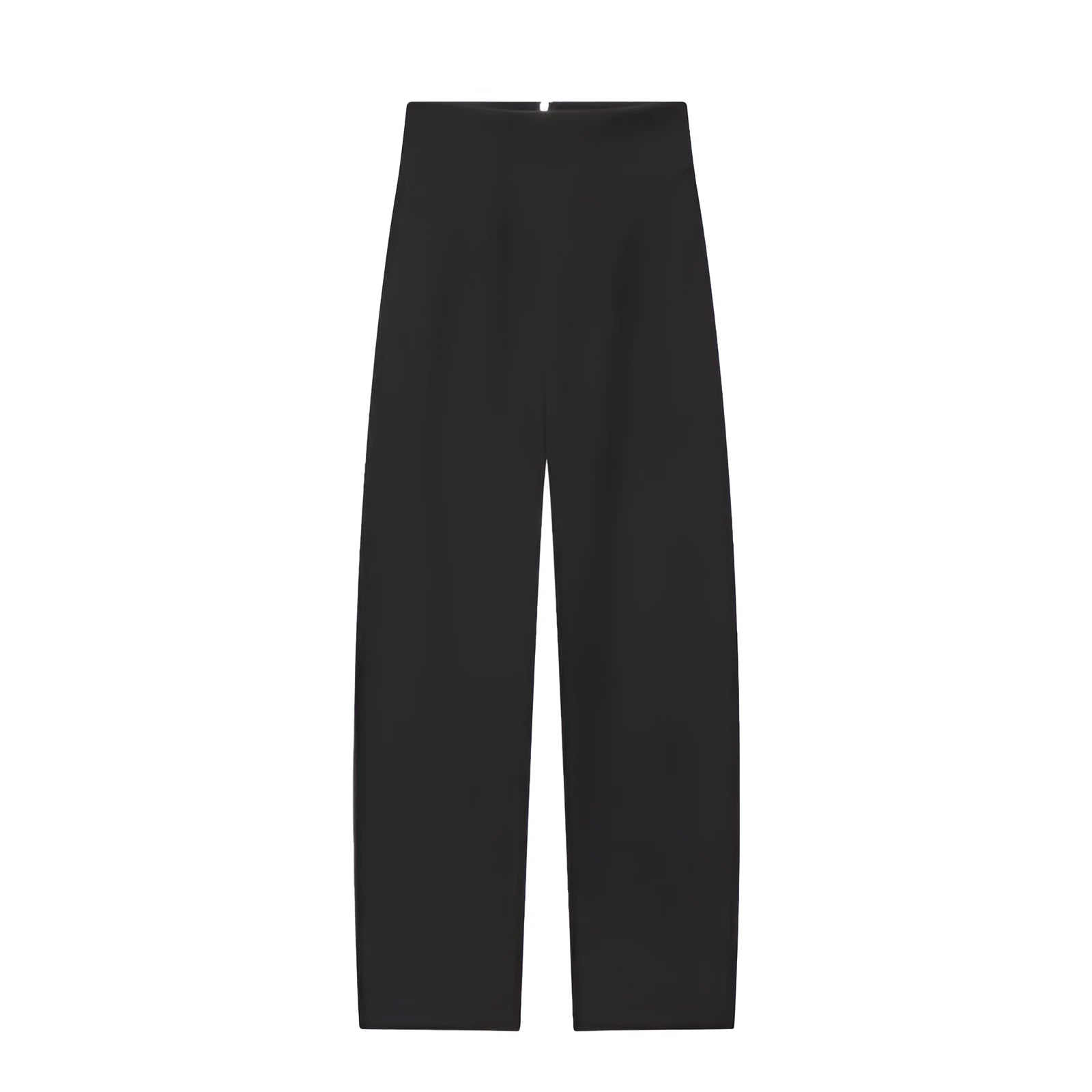 Women's black nylon high-waist zip-front straight-leg trousers on model