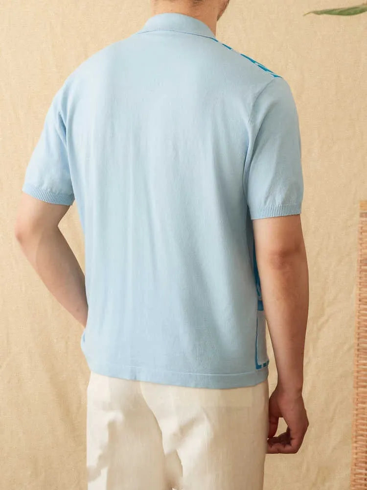 Men's striped short-sleeved cardigan polo shirt with lapel collar in cotton blend fabric