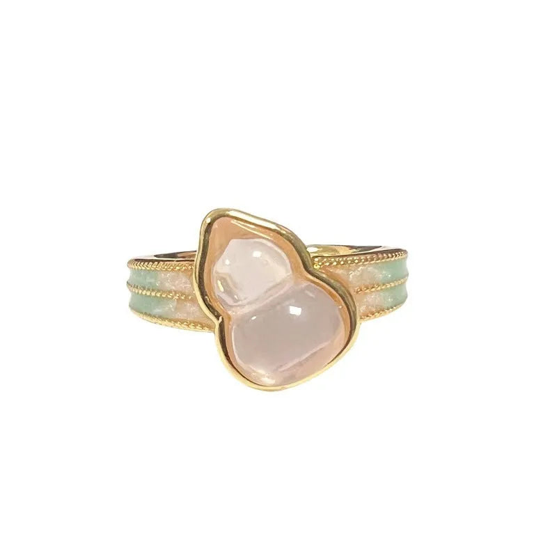 Women's adjustable copper ring with gourd design, flower and bow motifs, and inlaid zircon stones in a vintage oil dripping finish.