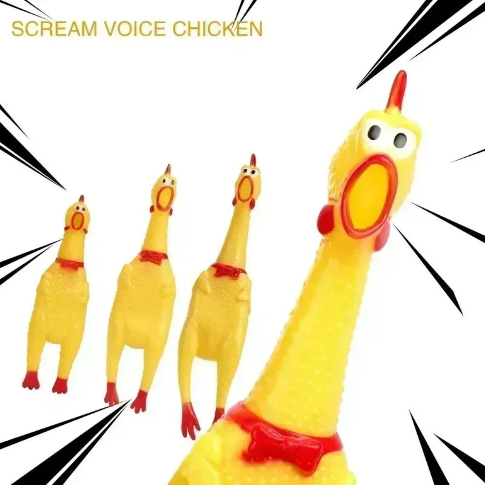 Yellow rubber screaming chicken dog toy in three sizes for chew and play