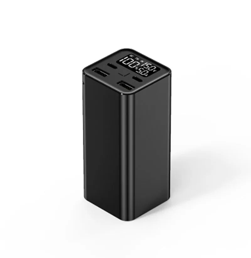 65W laptop power bank with metal casing in black, blue, or grey colours showing compact dimensions