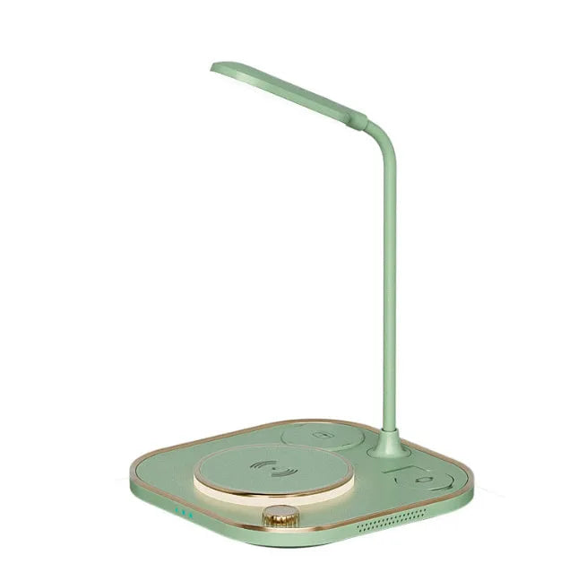 Alpharan three-in-one wireless magnetic charger desk lamp with 15W fast charging in black, showing a phone on the charging base and the lamp on