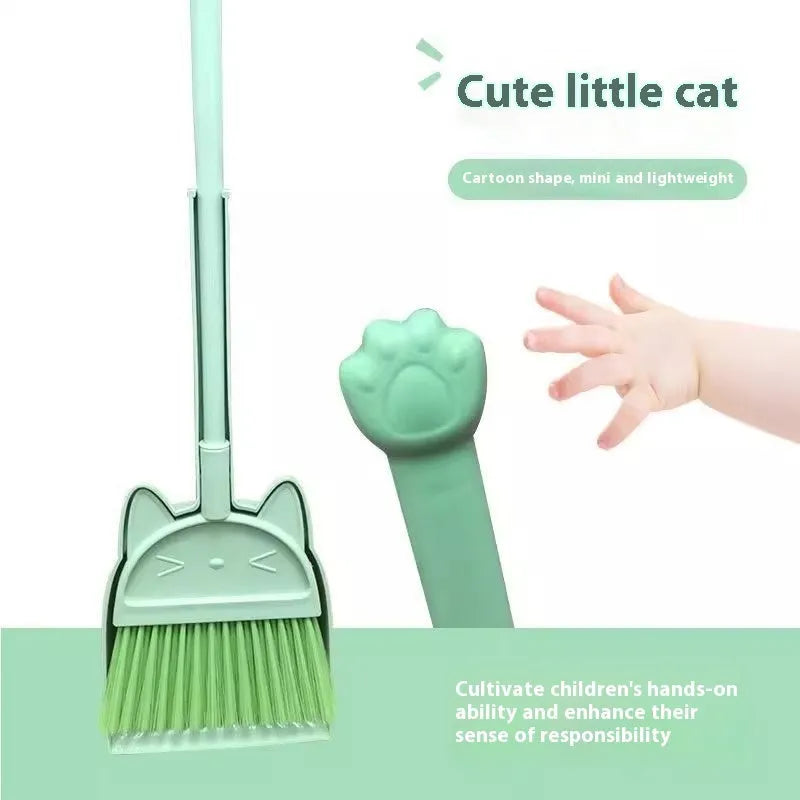 Green plastic broom and dustpan set showing the broom's rotating head and long bristles.