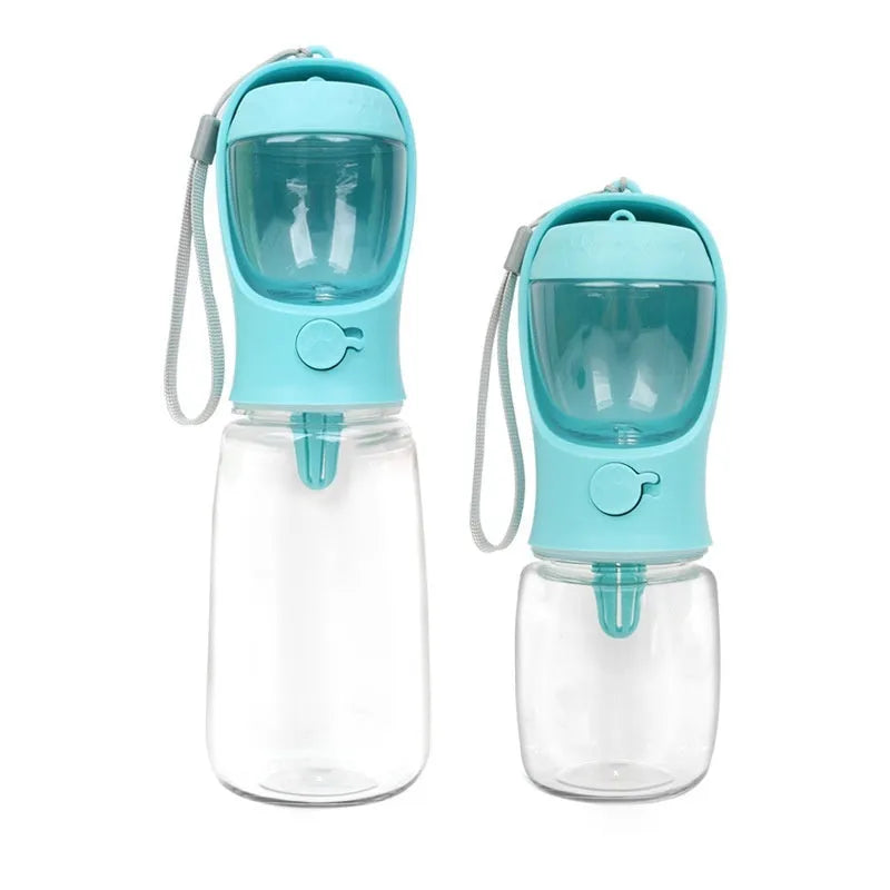 Portable dual-use dog water bottle with split grain cup design in blue, pink, or white colours