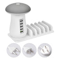 White mushroom-shaped USB charging station with five ports and LED night light for phones and tablets