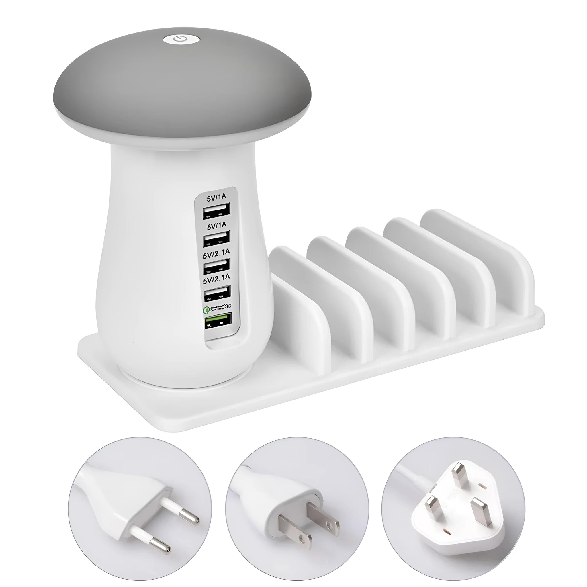 White mushroom-shaped USB charging station with five ports and LED night light for phones and tablets