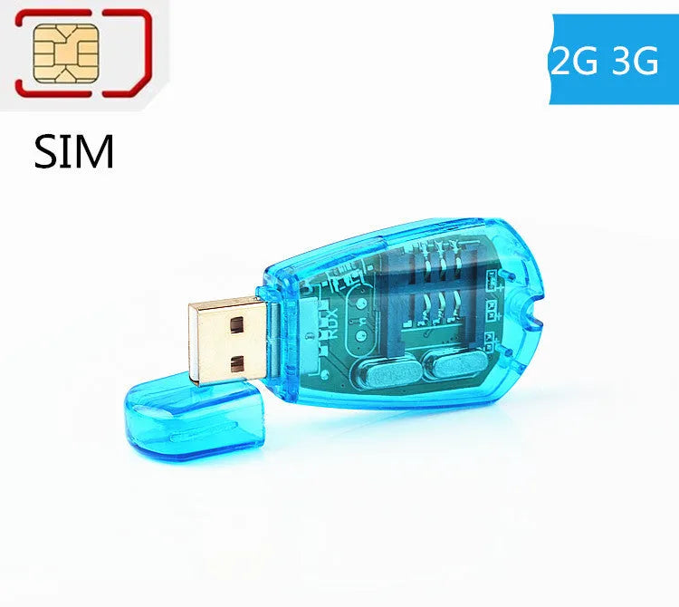 Blue external USB SIM card reader for mobile phone data backup and management.
