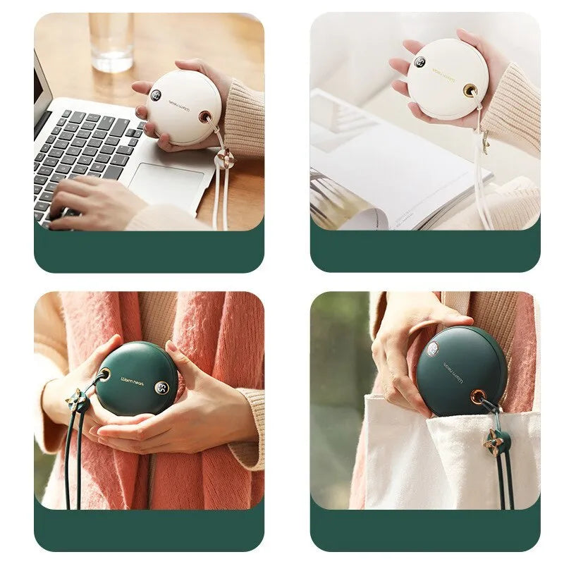 Green hand warmer power bank with digital display showing battery percentage, next to a charging cable.