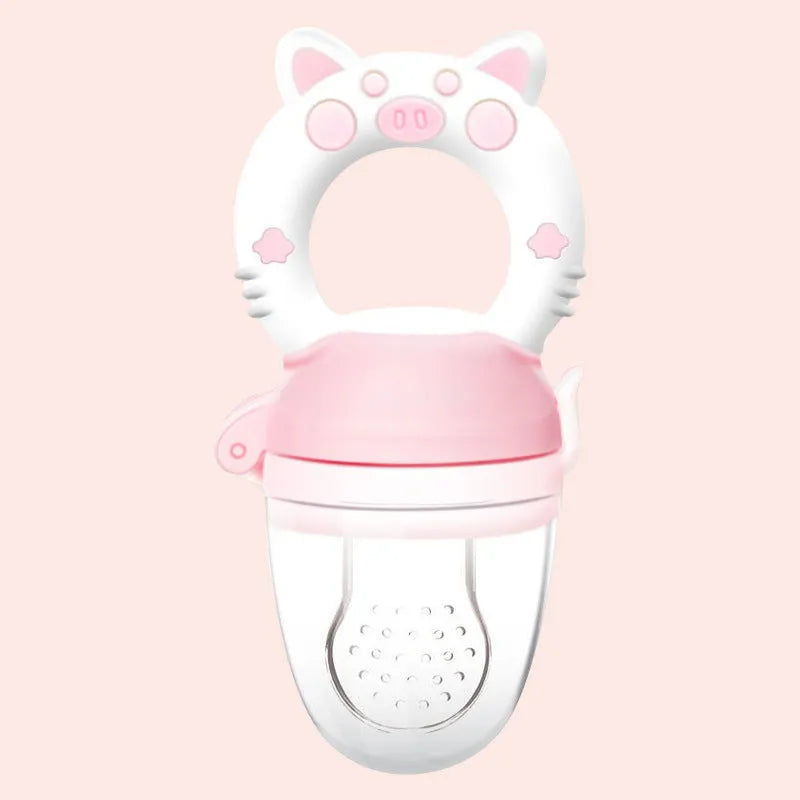 Silicone baby teether in blue, green, or pink colours with 1 or 3 mouthpiece options