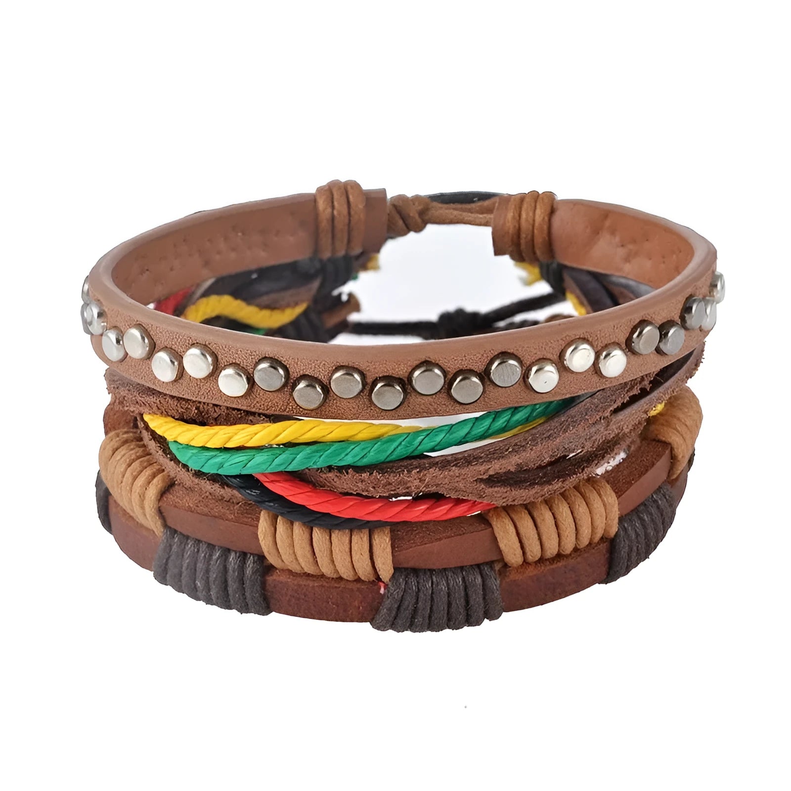 Hand-woven leather bracelet with wooden beads and adjustable design for vintage punk style
