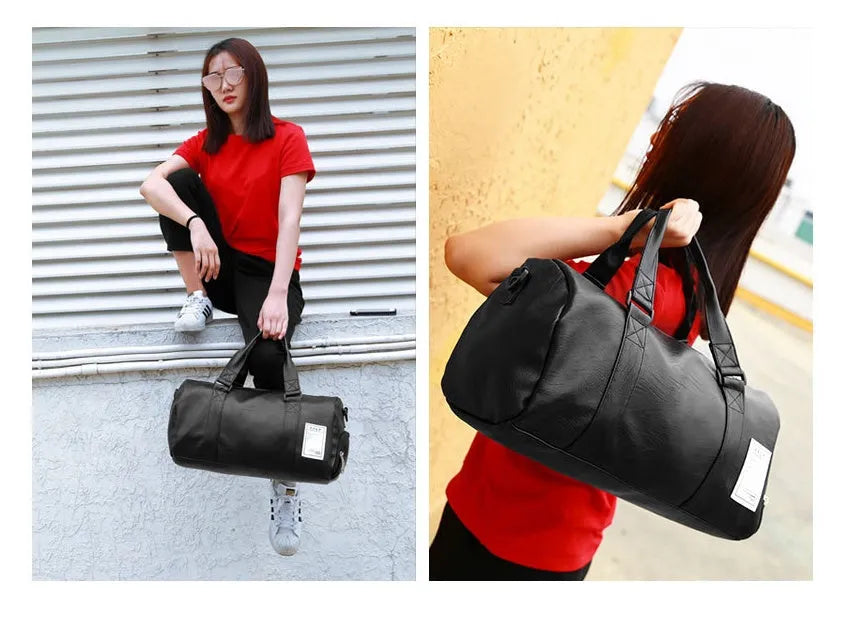 Black waterproof sports bag with separate side compartments for shoes, shown with diagonal carrying strap.