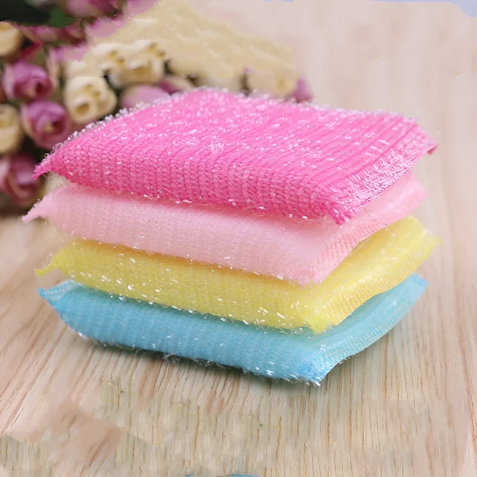 Pinstripe fabric dishwashing sponge mop with plastic handle in macaron mixed colours for kitchen cleaning