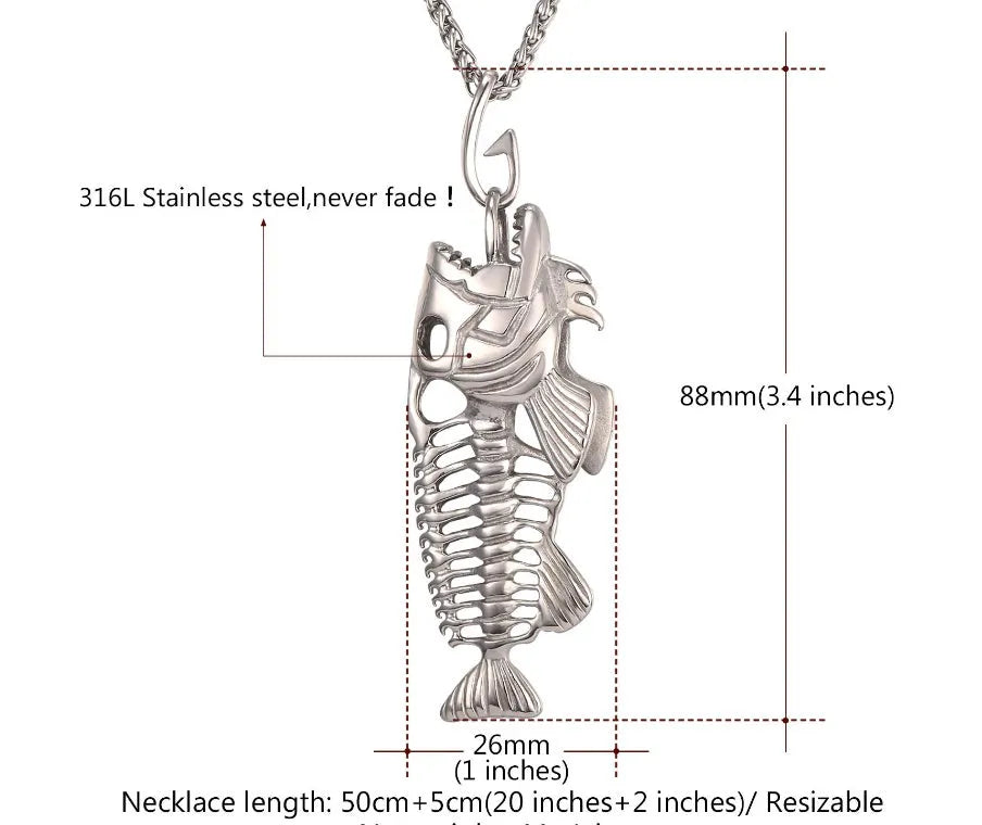 Fish bone pendant necklace in titanium steel with gold plated finish