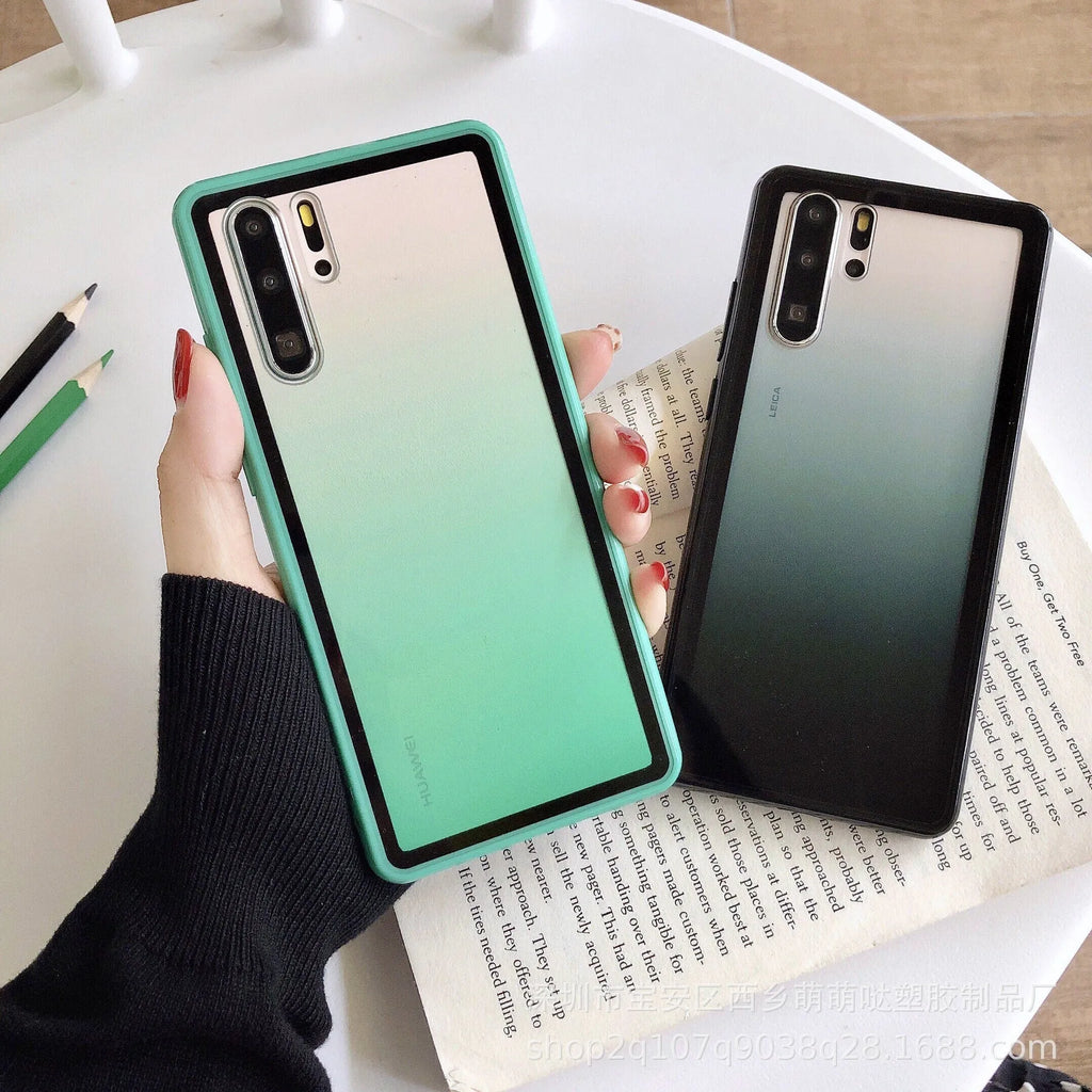 Huawei smartphone case in black, green, orange, or pink, showing TPU bumper and PC backplate.