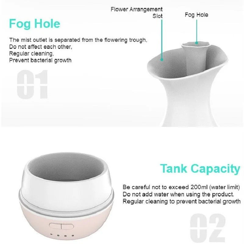 White or pink ultrasonic aroma diffuser vase with colourful LED night light and water tank.