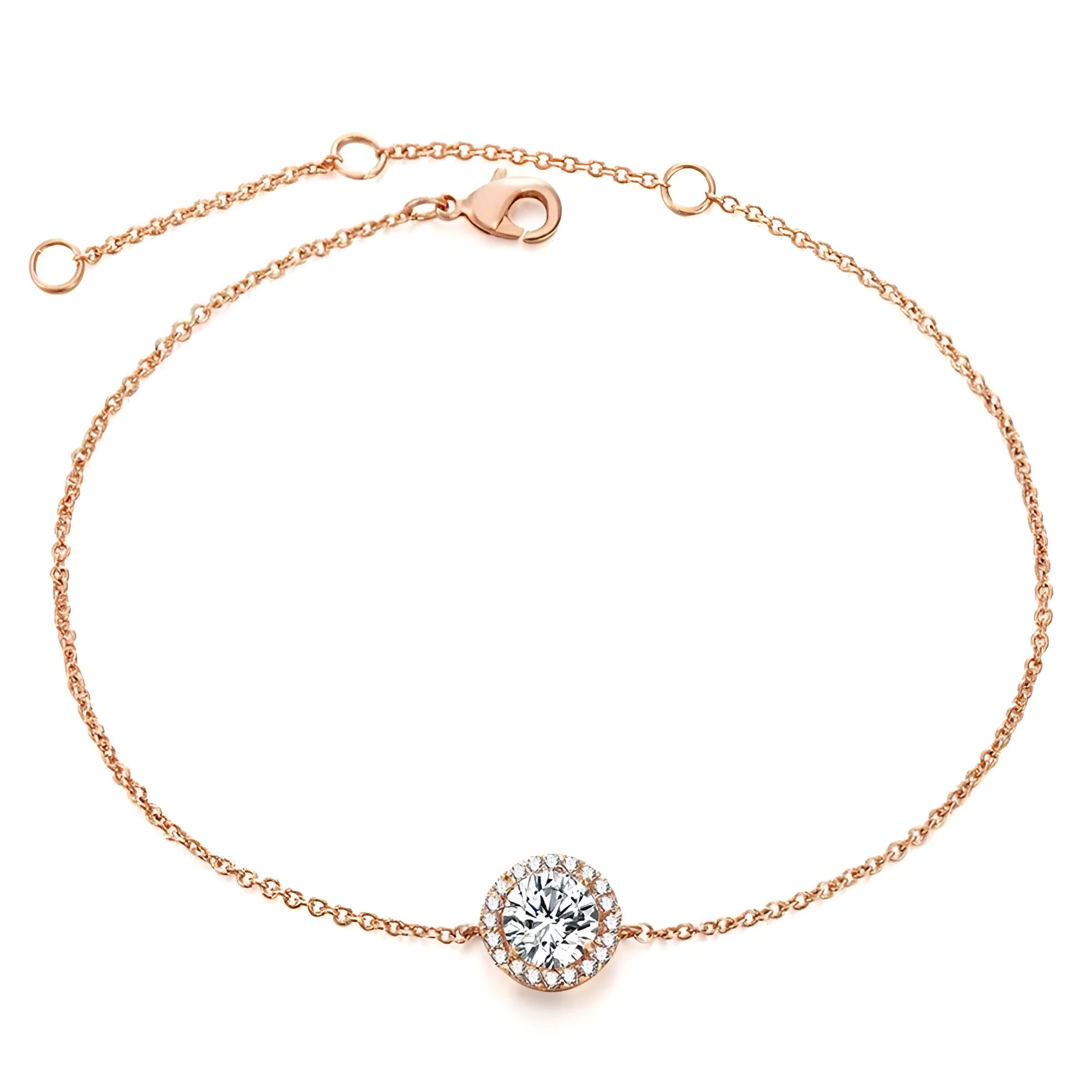 Round crystal anklet on ankle, rose gold tone with alloy and silver or gold plating, 22cm chain plus 4cm extender