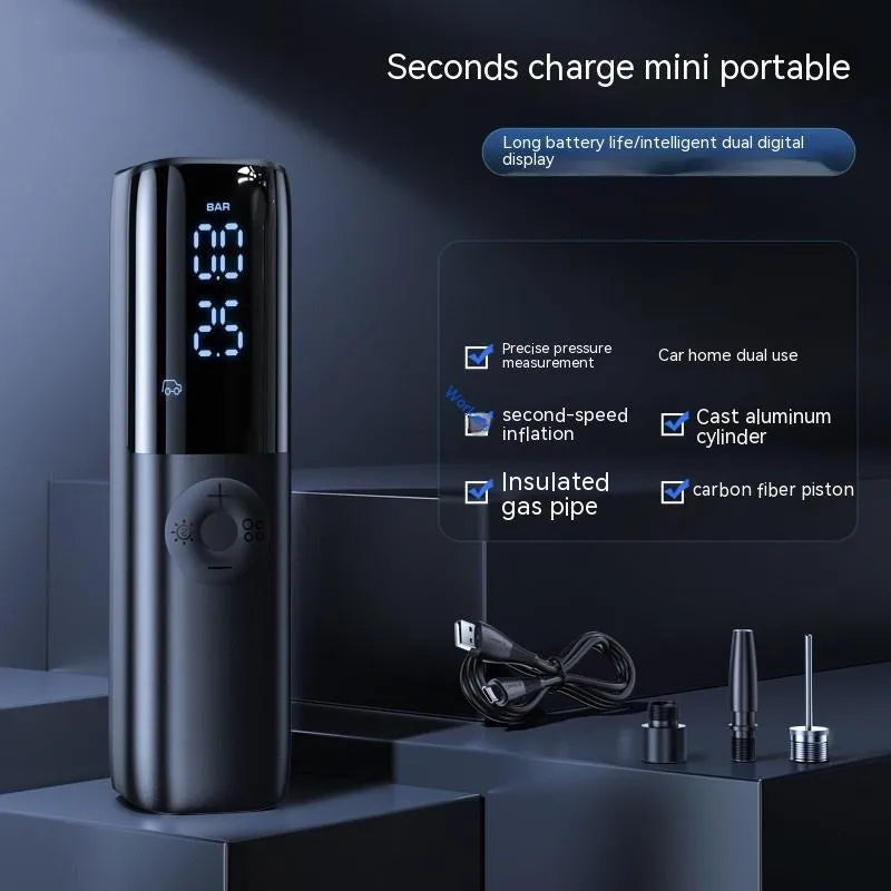 Black portable electric car air pump with tyre pressure gauge and inflation hose