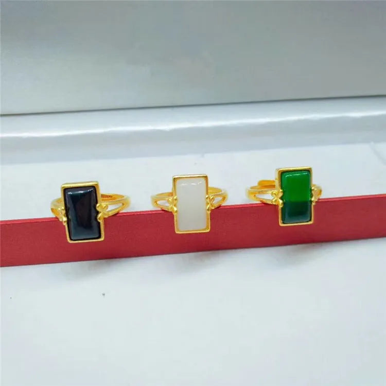 Adjustable brass gold-plated ring with electroplated gemstone inlay in national style design
