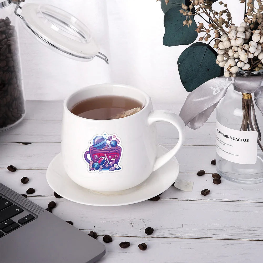 Pack of colourful tea cup graffiti design waterproof stickers for DIY scooter and luggage personalisation.