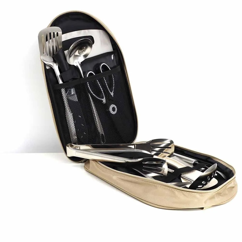 12-piece stainless steel picnic cutlery set in khaki storage bag with fork knife spoon utensils