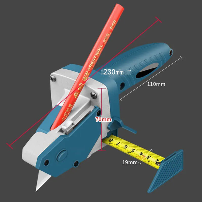 Blue aluminium alloy multifunctional woodworking cutter with scale and one-press lock for cutting boards.