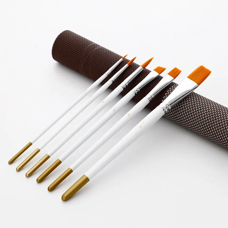 Set of six watercolour acrylic brushes with wood handles and assorted nylon bristle sizes on a white background