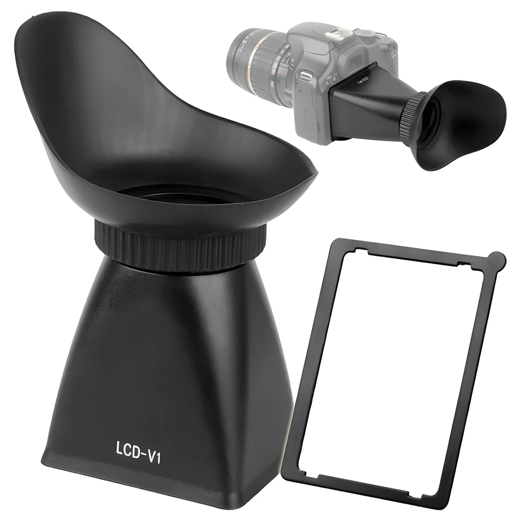 Camera framing amplifier with magnetic mount attached to DSLR LCD screen showing 2.8x magnification