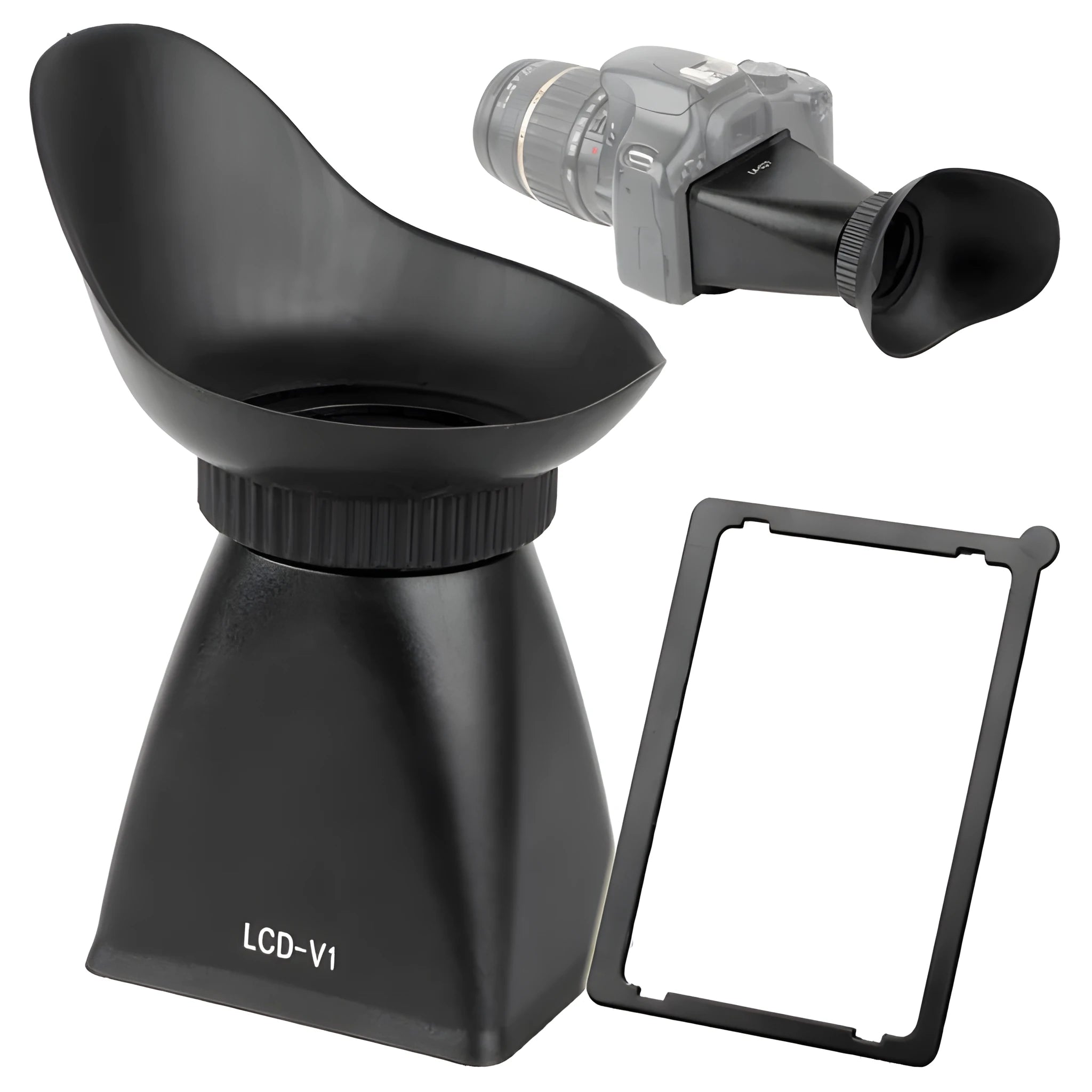Camera framing amplifier with magnetic mount attached to DSLR LCD screen showing 2.8x magnification