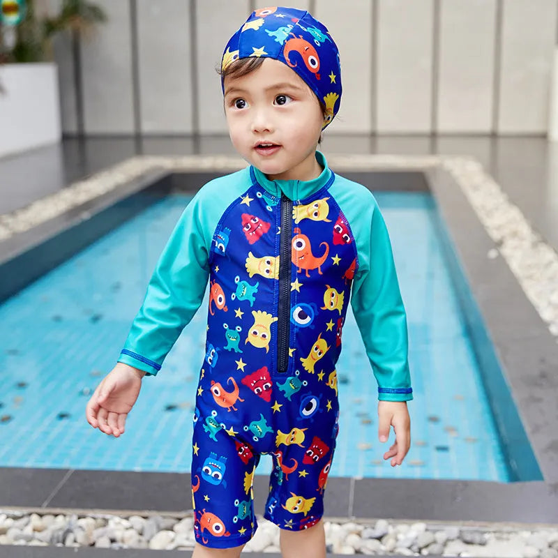 Children's one-piece swimsuit in striped shark pattern, available in sizes 2-10 yards, made from polyester-oxygen blend