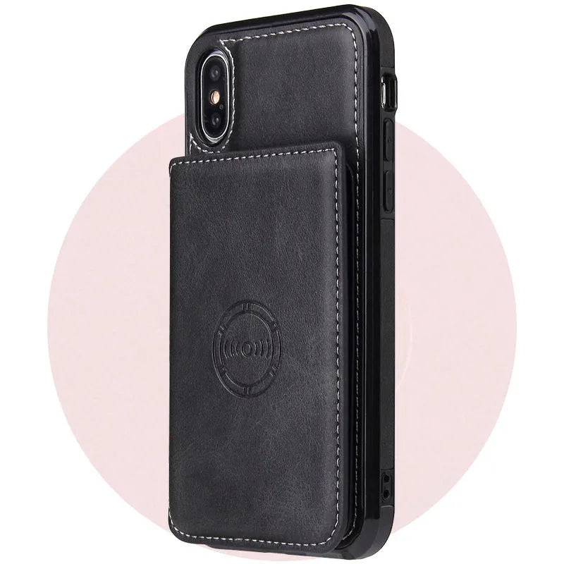 Imitation leather card wallet phone case back cover for iPhone in multiple solid colours