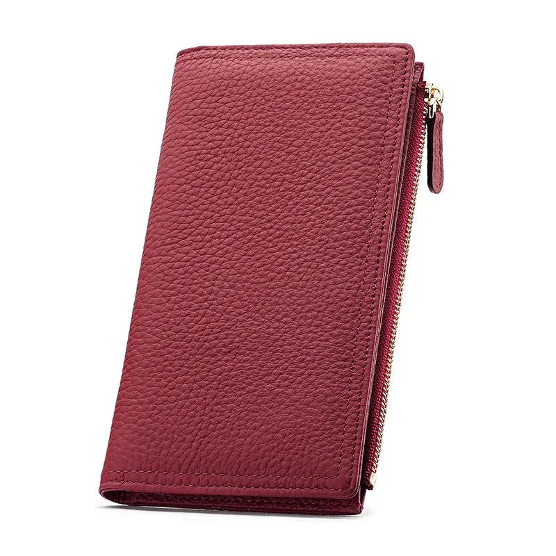 Women's cowhide anti-magnetic long wallet in black with multiple card slots and RFID blocking