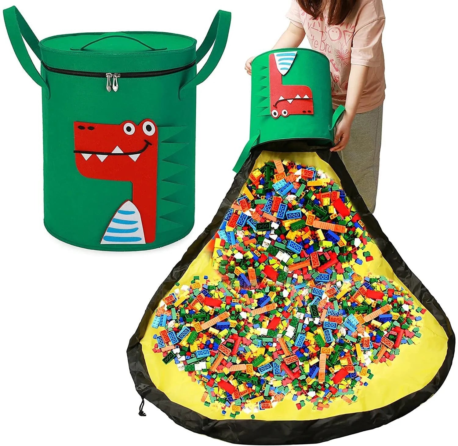 Green felt cube storage bag with pull rope, shown both as a closed bag and flattened as a play mat.