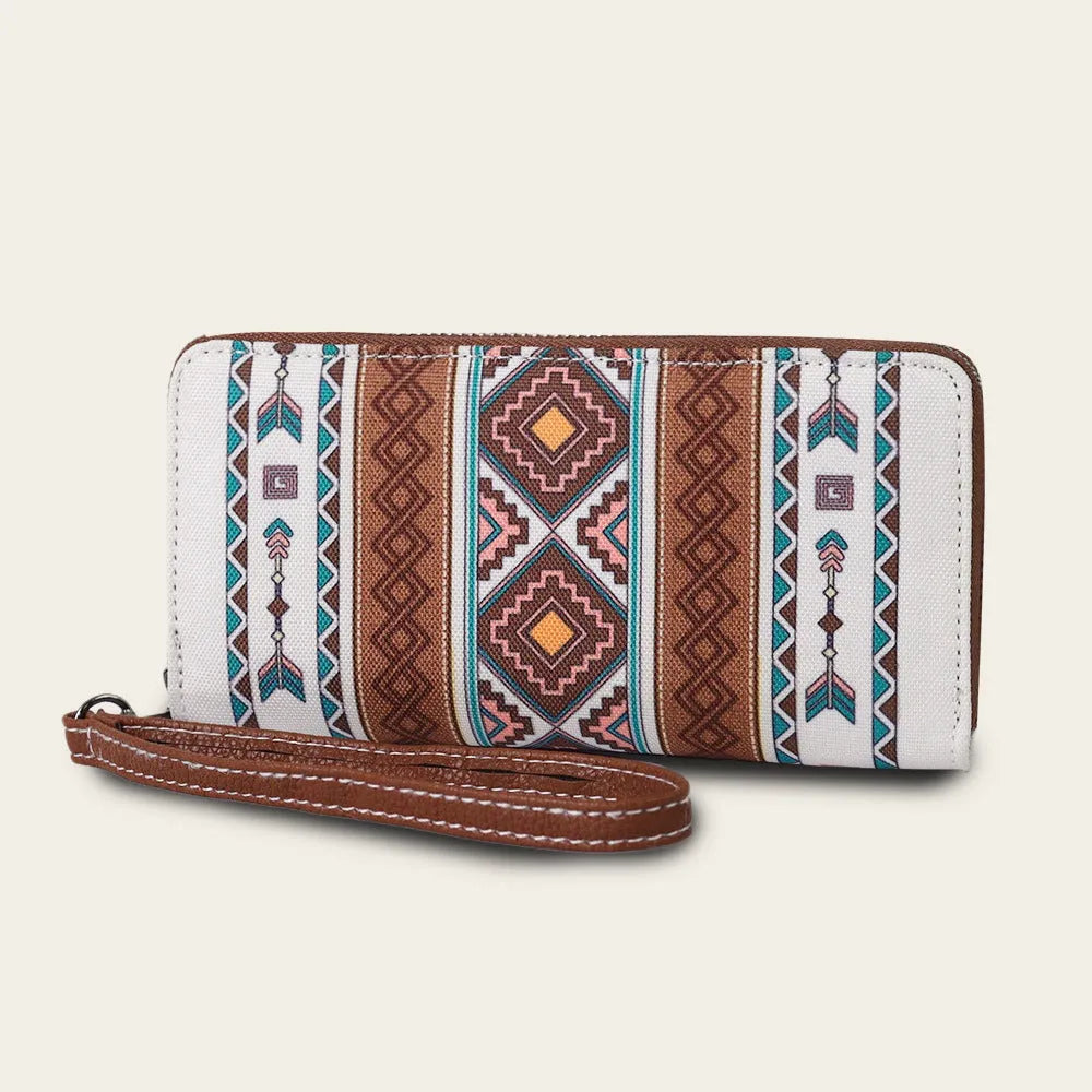 Striped canvas RFID wallet in beige with 20x10x2cm dimensions showing anti-theft card protection