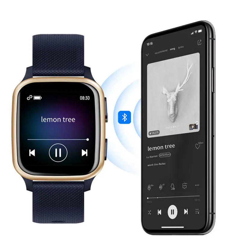 Smart bracelet with aluminium alloy case on wrist, showing Bluetooth call and health tracking features.