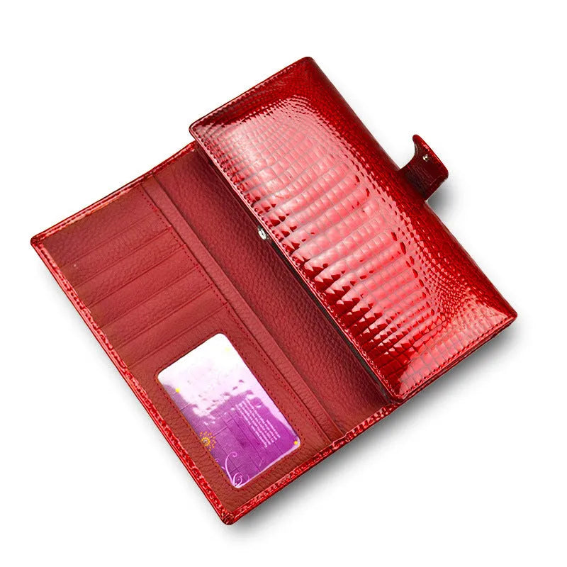 Women's red crocodile pattern leather coin purse with patent finish and pigskin lining interior