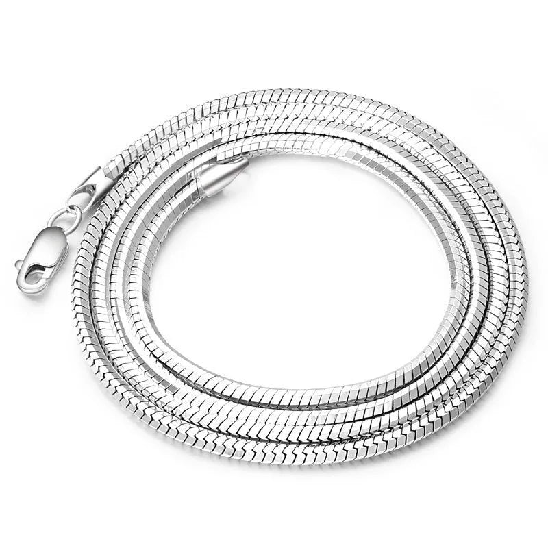 Sterling silver plated platinum necklace chain on display showing width and length options for men and women