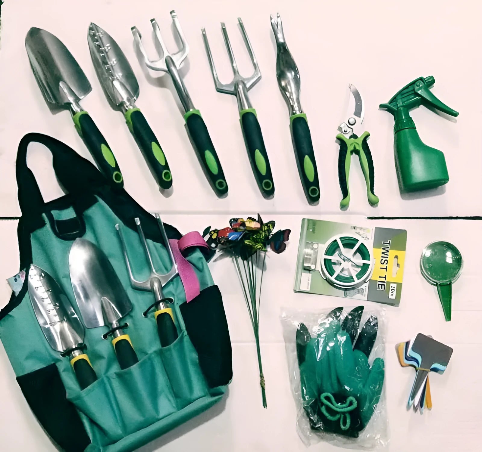 13-piece garden tool set with alloy steel tools and aluminium handles in a storage bag on a wooden table