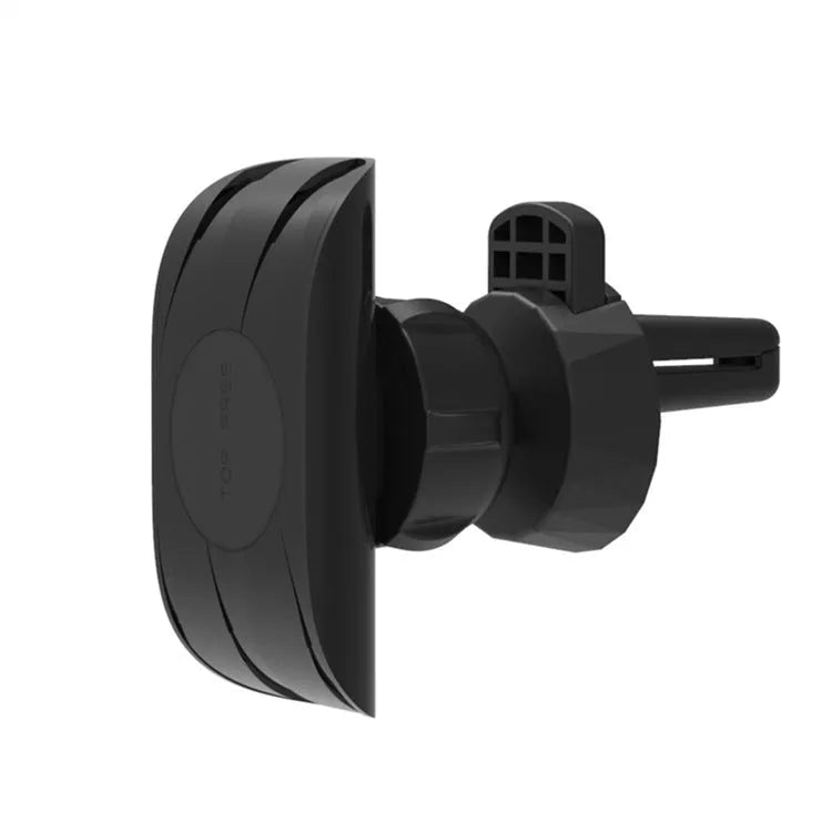 Black car phone holder mounted on vehicle air vent with smartphone
