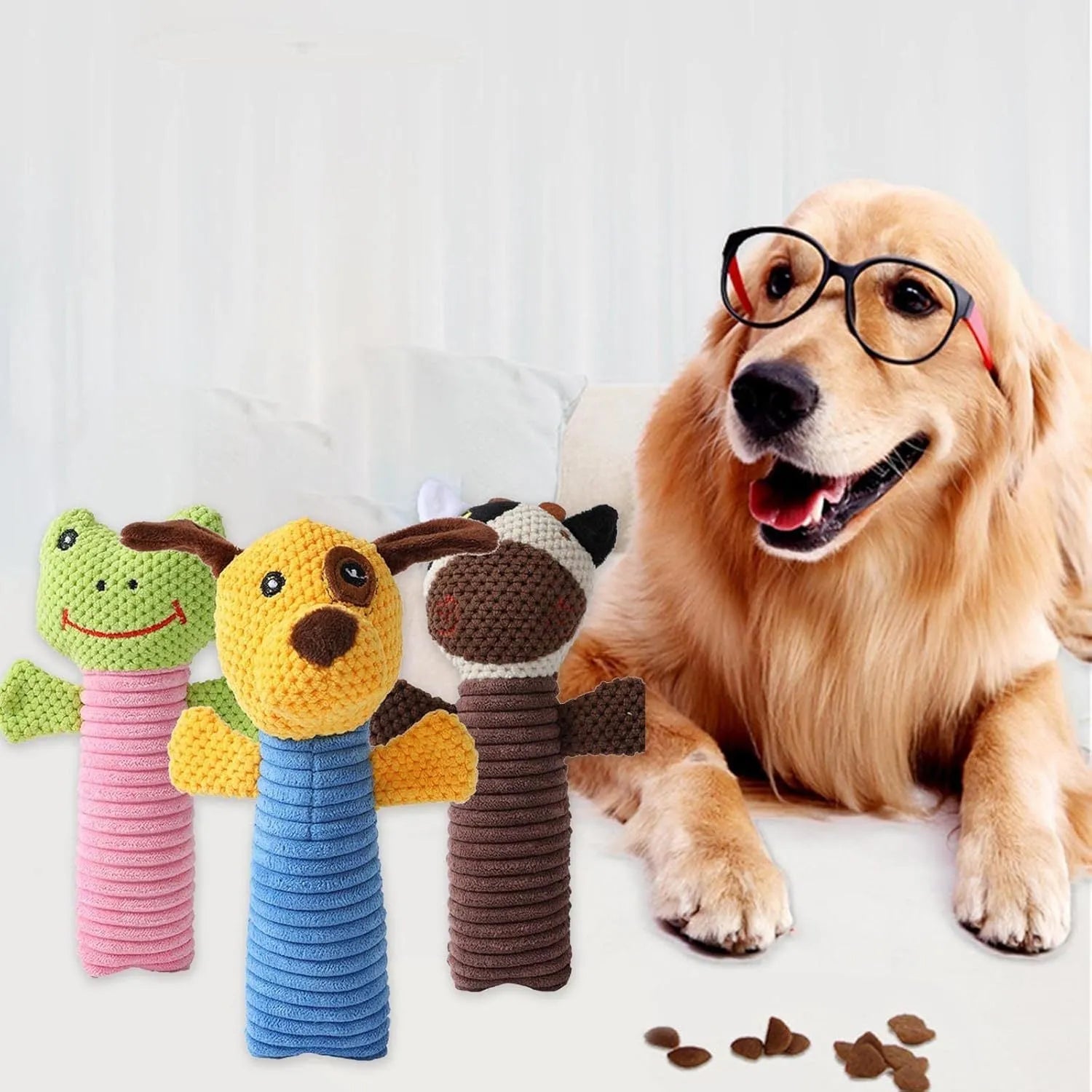 Squeaky stuffed animal dog chew toys in calf, frog and puppy designs measuring 19cm